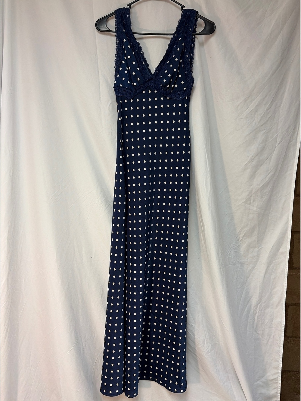 Navy Blue Polka Dot Maxi Dress with Lace Detail, Size XS
